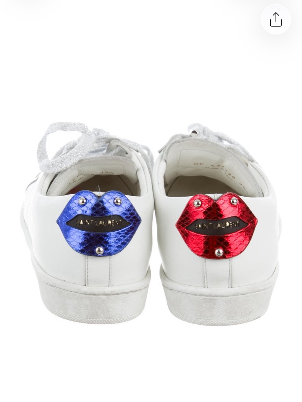 Saint Laurent White Leather Sneakers with Metallic Red and Blue Lip Patches